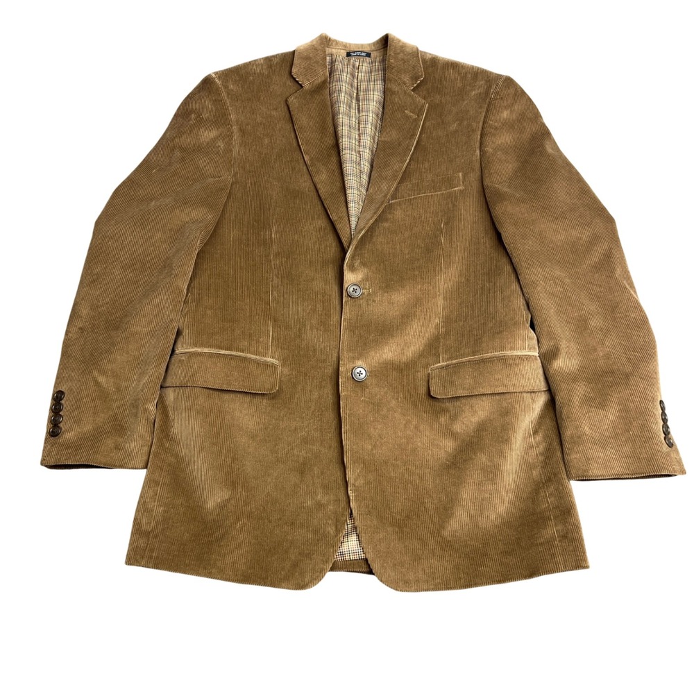 Saddlebred Mens 38R Brown Corduroy Blazer Two Button Houndstooth Lined Jacket